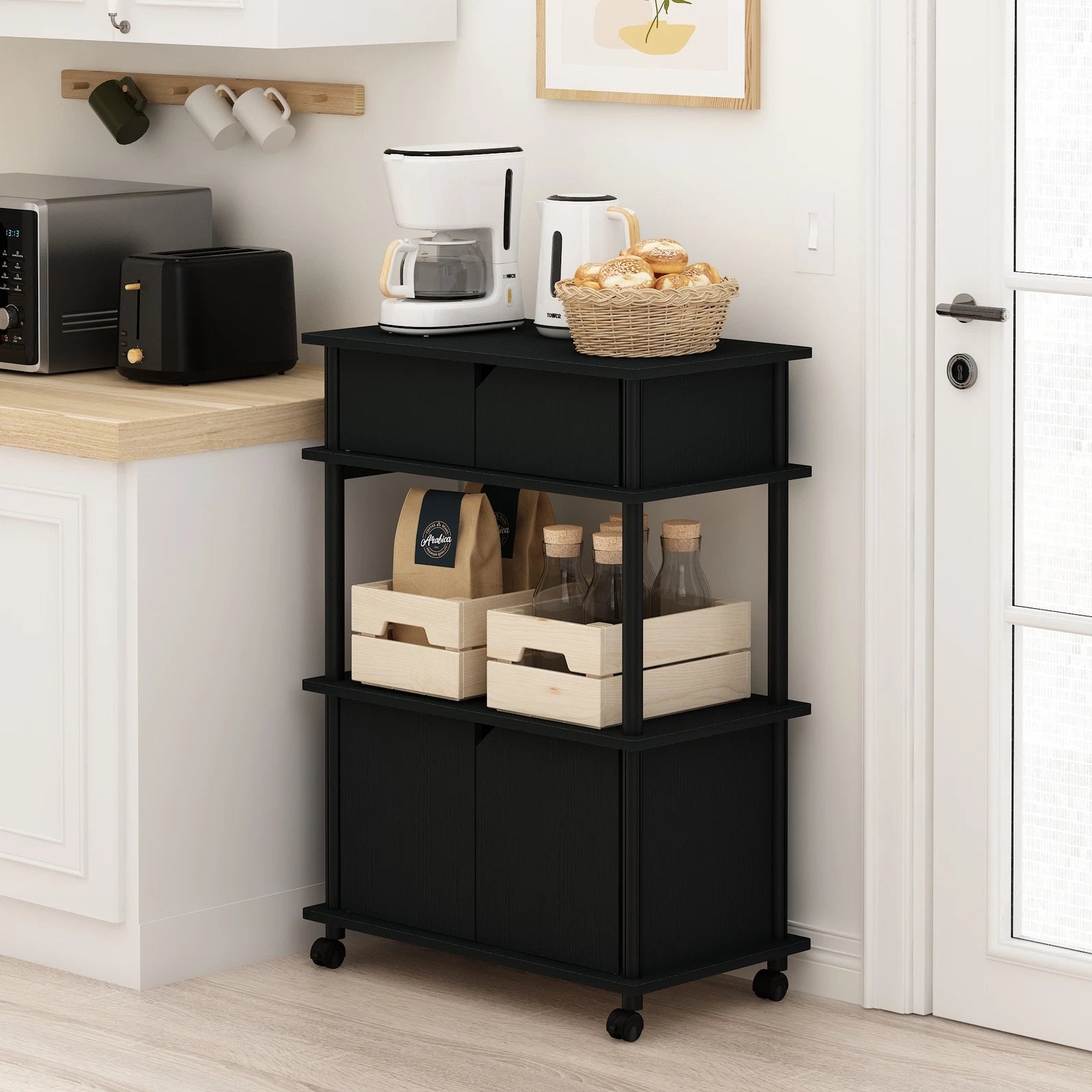 Furinno Turn-N-Tube Kitchen Storage Cart with Cabinet, Americano/Black